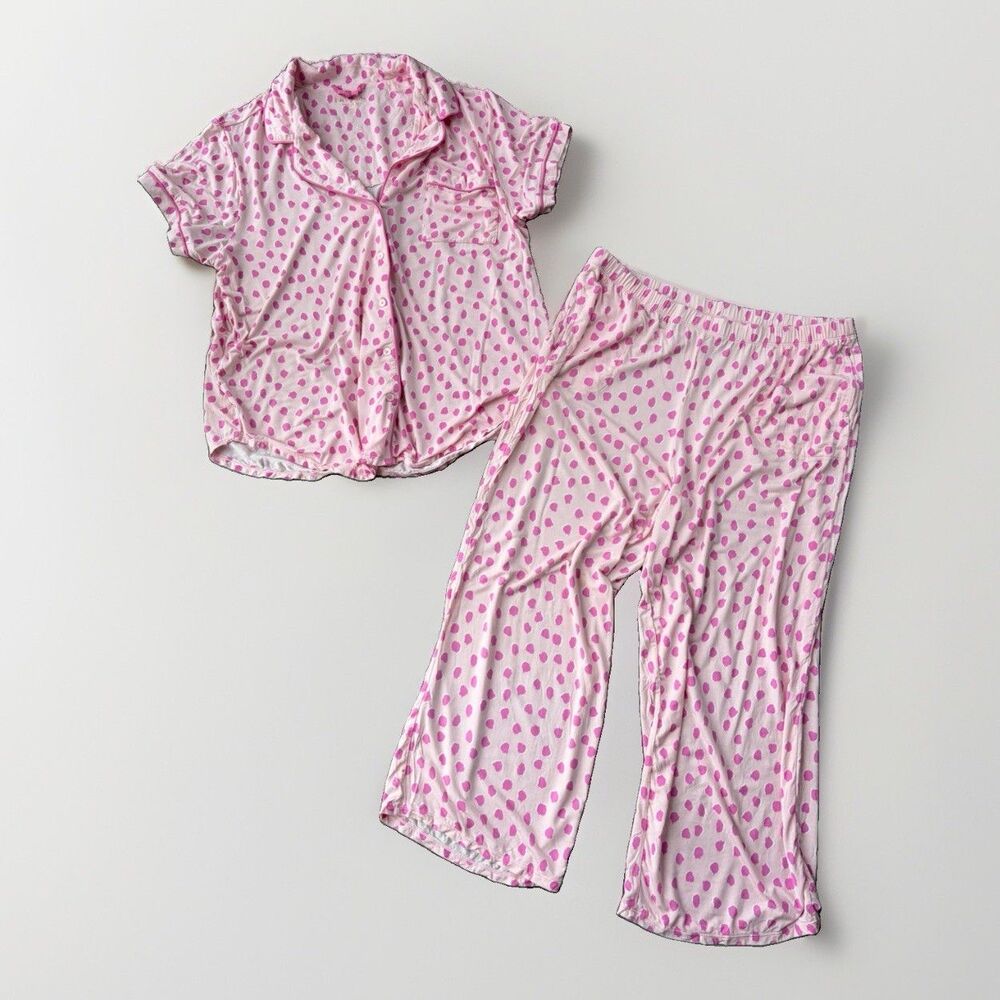 Kate Spade Pajama Set Large L Pink Hearts Polka Dot Short Sleeve Crop Pants PJ